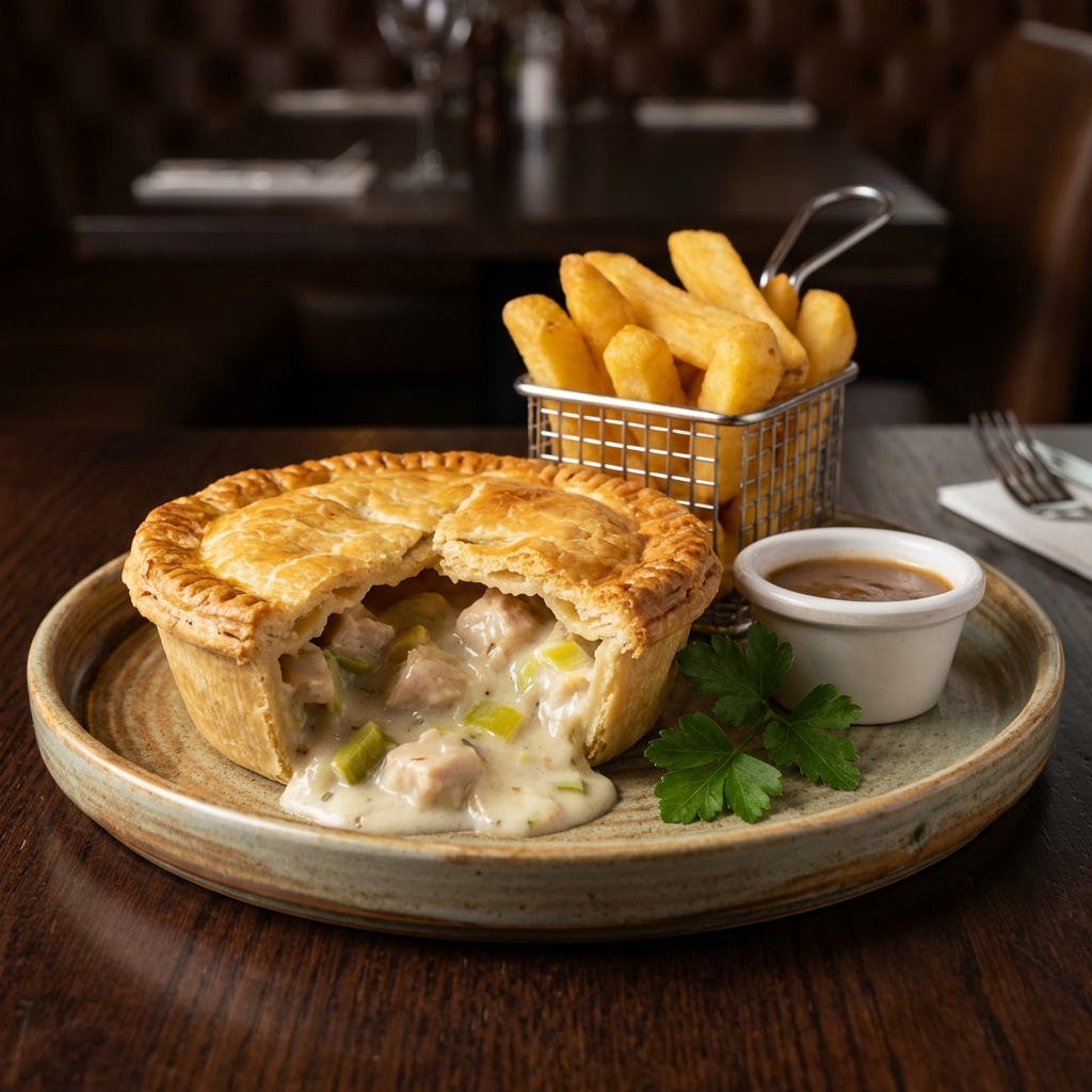 Chicken and Leek Pie with Chips – Mains at Dan's Home Food