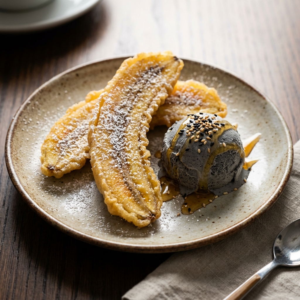 Banana Tempura with Black Sesame Ice Cream – Desserts at Bao & Bowl